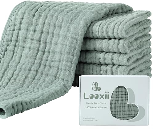 Looxii Spucktücher Baby 6er Set 100% Baumwolle Mulltücher Baby 27x47 cm Moltontücher Waschlappen Musselintücher 6 Lagig Mullwindeln Stoffwindeln für Neugeborene - Dunkelgrün