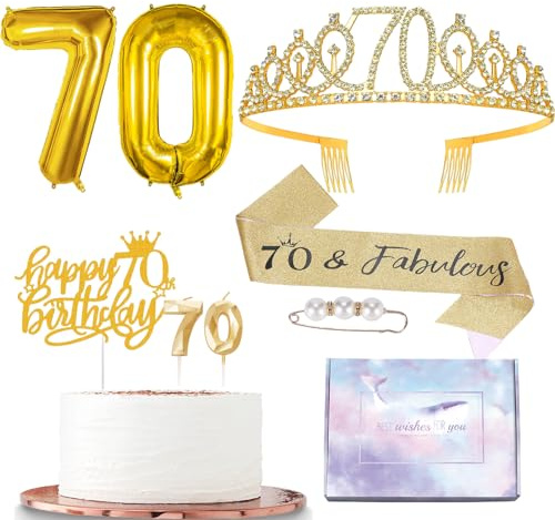 Gold 70th Birthday Decorations for Boys Men Women Her,Birthday Sash and Tiara Gold 70th Rhinestone Crown,Cake Topper Candle Topper 70th Foil Balloons Gifts for for Him Her Happy 70th Party Favor