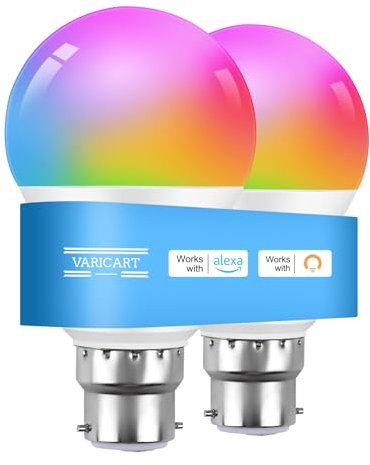 VARICART Smart Bulb B22 Alexa Light Bulbs, 8W Bluetooth Smart Bulb Bayonet Cool White 6000K, RGB Dimmable Color Changing 16 Million, Work with Alexa and Echo, App Control, No Hub Required, 2Packs