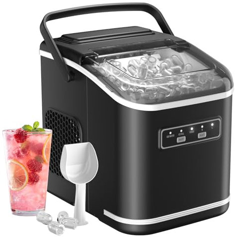 Macchina Ghiaccio 12kg/24h, Autopulente Macchina del Ghiaccio Casa 1,5L, Silenzioso Macchina per il Ghiaccio 9 Cubetti in 6 Minuti, Ice Maker con Maniglia/Paletta/Cestello, Nero