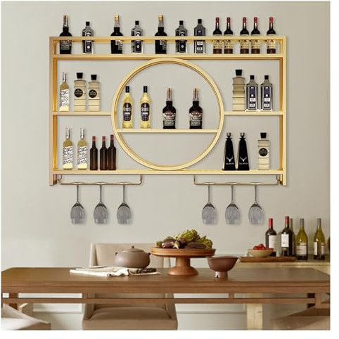 Wandmontiertes LED-Weinregal mit Glashalter, Eisen, schwimmende Barregale mit Likörflaschen-Ausstellungsregal, Barschrank für Zuhause, Küche, Weinkeller, Gold/Schwarz, moderne Weinaufbewahrungslösung
