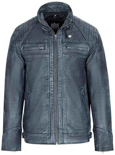 URBAN 5884 Chaqueta de cuero para hombre, SKIMO, Piel de Oveja Genuina, Cazadora Piel Hombre Estilo Motero, 8 bolsillos, Hecha a Mano, Suave y Duradera, Denim, L