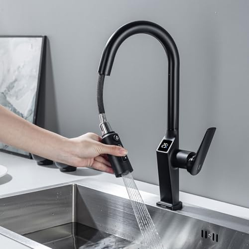 LakeBayMZC Rubinetto da cucina a 3 vie,con indicatore di temperatura a LED,miscelatore 3 in 1 per filtro dell'acqua, girevole a 360°,nero opaco