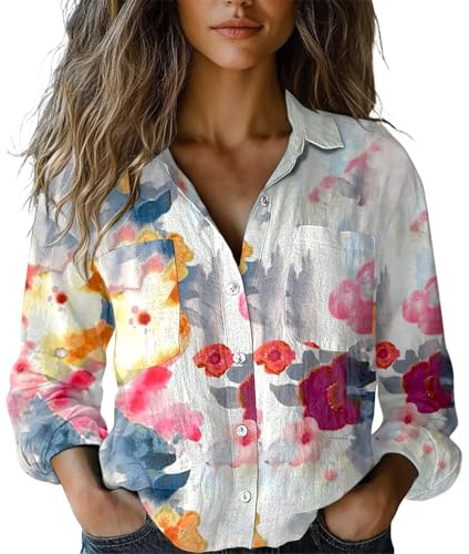 riou Blusas Mujer Primavera Verano Lino Boho Estampado Retro Cuello en V Camisa Basica Moda Vintage Blusa Suelta Casual Toppar T-Shirt Basica Ligera Cómoda Adolescente Original tee Playa
