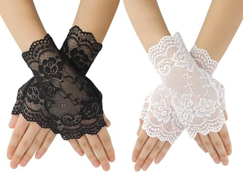 Fingerlose Handschuhe,Spitzenhandschuhe Schwarz,Handschuhe Weiß,Fingerless Gloves,Netzhandschuhe,Fingerlose Handschuhe Damen,Handschuhe Damen,Spitzenhandschuhe,Halloween Handschuhe Damen,2 Paar