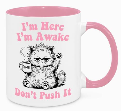 Cherish Charlie Designs I'm Here Mug - Funny Novelty Gift Silly Present Mug Birthday Christmas for Mum Dad Friend Sister Brother Grandparents for Man Woman Secret Santa Work Quotes (Pink)