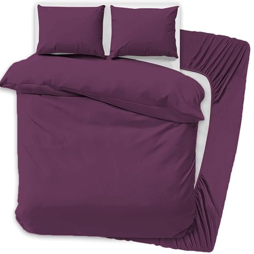 PRIME LINENS 4 Pcs Duvet Cover Set with Matching Fitted Sheet 30 cm Deep - Soft Breathable Premium Microfibre Quilt Cover Bedding Set (Aubergine, King)