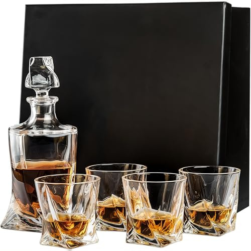 Whisky Decanter (750ml) and Set of 4 Whiskey Glasses (300ml).Ultra Clarity Glass ‘Tasman Twist' for Spirits, Bourbon or Scotch. Perfectly Gift Boxed (Glass)