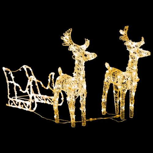 Gecheer Decorazione Natalizia Renne e Slitta con LED, Luci Natalizie 160 LED 130 cm in Acrilico e PVC, Illuminazione Esterna e Interna con 8 Effetti Luce, per Giardino e Casa