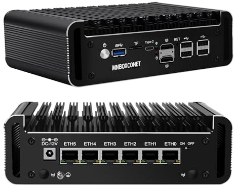 MNBOXCONET Mini PC N97 sans Ventilateur (jusqu'à 3,6 GHz), Micro-Ordinateur Barebone DDR5 pour Applications matérielles avec 6 x LAN 2,5 GbE I226-V, OPNsense, Port Type-C, TF, AES-NI
