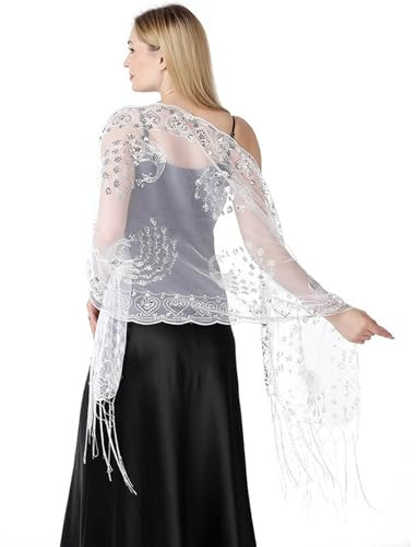 Hsternexy Sciarpa glitterata da donna Stola per abito da sera Capodanno, sciarpa a spalla anni '20, accessori morbidi con paillettes luccicanti in metallo leggero argento, bianco, Taglia unica