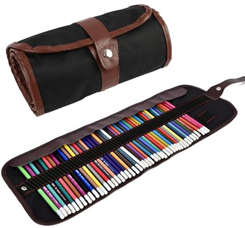 Trousse à Crayons Multifonctionnelle en PU Cuir, Trousse Roulable avec 72 Emplacements pour Crayons, Feutres et Pinceaux, Trousse d'Artiste pour École, Bureau et Voyage, Organisation de Matériel d'Écr