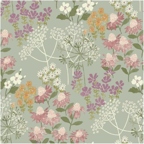 Sample for Sage Green Wildflower Wallpaper – Soft Botanical Meadow Floral Design with Pink, White and Orange Flowers – Nature Inspired Decorative for Living Room, Bedroom or Feature Wall
