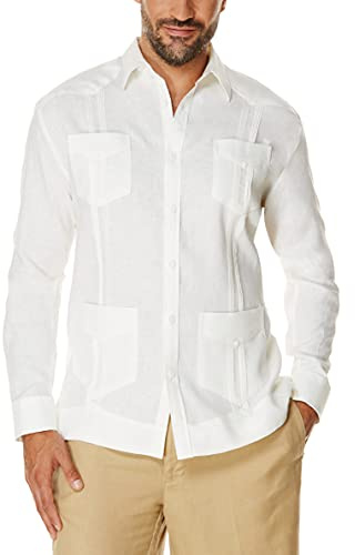 Cubavera Camisa Guayabera de Manga Larga con Cuatro Bolsillos y Botones para Hombre, 100% Lino (Talla S - 5X Grande y Alto), Blanco Brillante, Large