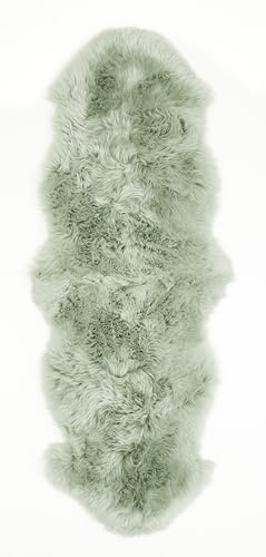 LUXOR living Schaffell echt, Fellteppich, Bettvorleger, 60 x 160 cm, Salbei | Oberseite 100% Wolle, Rückseite 100% Leder gegerbt, Florhöhe ca. 50 mm, Kuschelteppich