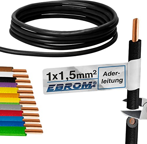 EBROM Aderleitung Einzelader starr H07V-U 1,5 mm² - Farbe: schwarz, 50 m | von 10 bis 100 m bestellbar 1,5 mm2, Massivleiter eindrähtig, Verdrahtungsleitung, Installationsdraht, Schaltdraht, PVC Ader