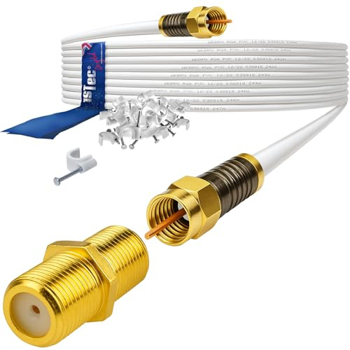 1STec 5m White Virgin Media Gold Plated Male Screw Plug - Removable Female Socket RG6 Digital HDTV Ultrafast Broadband Modem Extension Cable Kit + Installation Clips + Inline Barrel Coupler 5 Metre