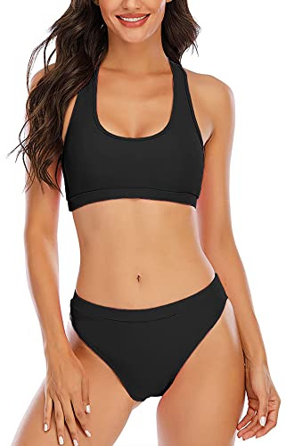 YELAIVP Solid Racerback High Waisted Bikini Sets Sporty Two Pieces Swimsuit Scoop Neck Bathing Suits for Women