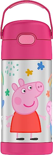 THERMOS FUNTAINER 12 Ounce Stainless Steel Vacuum Insulated Kids Straw Bottle, Peppa Pig