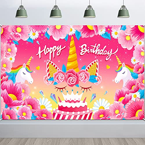 HOWAF Stoff Happy Birthday Banner für Einhorn Geburtstag Dekorationen, Kinder Mädchen Einhorn Thema Geburtstagsparty Hintergrund Deko Wand Fotografie Kindergeburtstag, 6 x 3,6 Fuß
