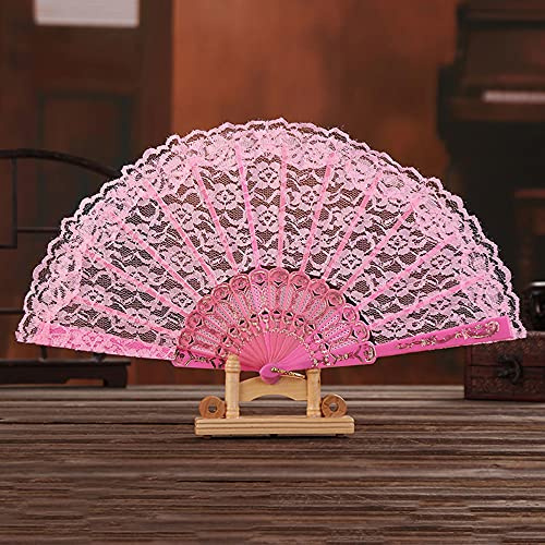 Damen Handfächer Stofffächer,Hochzeitsfächer Spitze,Vintage Spanische Barock Viktorianischen Sommer Faltfächer für Hochzeiten Geburttag Party Kostüm Halloween Karneval Fasching Tanzen Hand Fan,Rosa