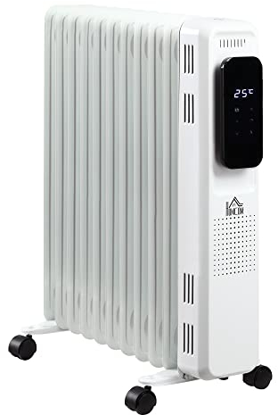 HOMCOM Ölradiator tragbar elektrisch Heizkörper 2500W 3 Heizstufen 24-Stunden-Timing elektrische Heizung 11 Heizplatten mit 4 Rollen Weiß Stahl 50,5 x 24 x 63 cm