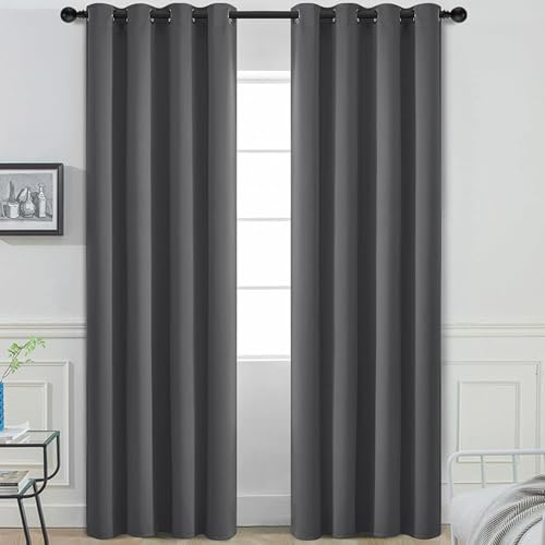 My home store Blackout Curtains for Bedroom-2 PCs Soft Thermal Insulated Blackout Curtain with Ring Top Eyelets & Tie Backs- Lightweight, Energy Saving Curtains Charcoal W90” ×L90”
