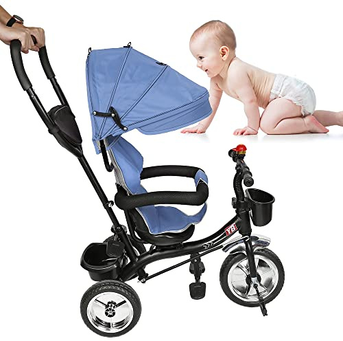 3 in 1 Evolutionäres Dreirad, Kinderdreirad für 10 Monate bis 5 Jahre, Babydreirad mit Markise und Sicherheitsgurt, Blau-schwarz