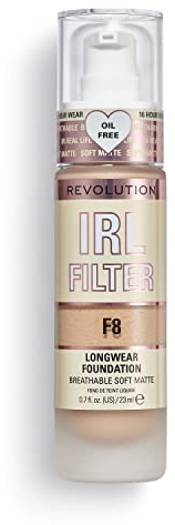 Makeup Revolution, IRL Filter, Foundation mit langer Haltbarkeit, mittlere bis volle Deckkraft, mattes Finish, 16 Stunden Haltbarkeit, F8, mittlere bis helle Hauttöne, 23ml