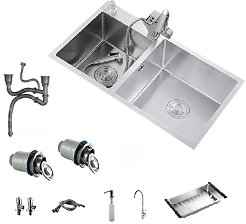 HGTRH Fregadero sobre Encimera Cocina, Fregadero Cocina 2 Senos Bajo Encimera, Fregadero INOX Bajo Encimera, Fregaderos De Dos Senos con Escurridor, Grifo y Accesorios
