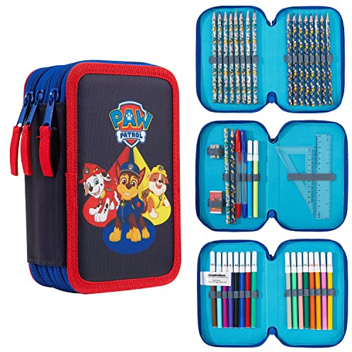 PAW PATROL Federtasche Gefüllt Kinder, Federmäppchen 2 Fächer oder mäppchen 3 fächer, Etui Schule mit Inhalt, Geschenk Grundschule Kindergarten (Rot/Blau Dreifach-Reißverschluss)