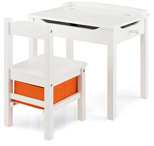 COSTWAY Kids Table and Chair Set, 2PCS Children Study Desk with Chair, Storage Box, Hidden Space & Hook, Wooden Flip Top Toddler Activity Furniture for Writing, Reading, Drawing (White)