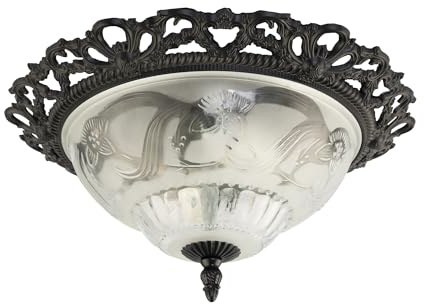 Happy Homewares Traditional and Classic Matt Black and Frosted Floral Glass Flush Ceiling Light Fitting | 33cm x 11cm | 2 x E27 60w Maximum