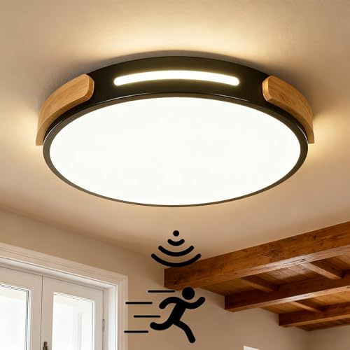 LED Deckenleuchte mit Radar Bewegungsmelder Innen Holz Deckenlampe mit Bewegungssensor Runden Decke Lampe mit Sensor für Flur Korridor Treppe Bad Veranda Küche Garage, Neutralweiß 4000K (Schwarz,30cm)