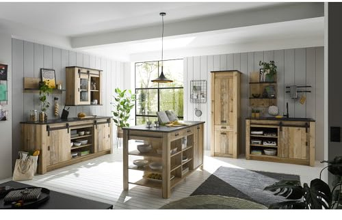 Küchenmöbel Küchen komplett Set, Old Style hell Nb. mit anthrazit, Spülschrank mit offenen Fächern 201cm + 133cm, Hängeschrank mit Glaseinsatz, Wandregale, Kücheninsel, Griffe aus Metalle, Softclose