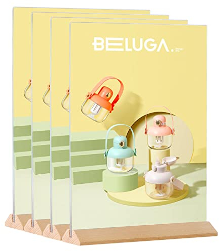 POERMA Aufsteller A4, 4 Stück Ständer Tischaufsteller, Werbeaufsteller mit Holzsockel für Büro, Geschäft, Ausstellung