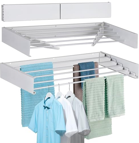 FOCHIER F Laundry Drying Rack Wall Mounted Clothes Drying Rack Collapsible with 5 Aluminum Rods and Drilling Template Long Screwdriver Bit 60 lbs Capacity (White, 31.5)