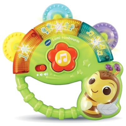 VTech - Lumi Tambourin, Instrument de Musique Bébé, Hochet Tambourin Interactif, Jeu de Motricité Fine, Jouet d'Éveil Musical, Cadeau Bébé Dès 3 Mois - Contenu en Français