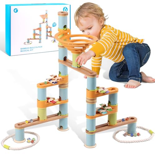 UDEAS Marble Run Building Toys for Kids, 98 Pcs Bamboo Marble Race Track with Glass Marbles, Building Blocks and STEM Toys for Boys and Girls for Kids 4-6