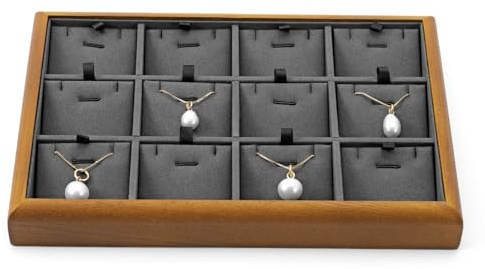 Oirlv Madera Maciza 12 Rejillas,Enrejadas Para Joyas Con Insertos Removibles Bandeja Organizadora Base Para Joyas Collar/Pendiente(Gris Oscuro)