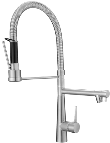 TIMACO Grand robinet de cuisine à ressort en spirale, 56,8 cm, 360°, pivotant, avec deux becs, robinet de cuisine et buse à main, haute pression, nickel brossé
