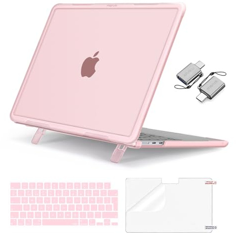 MOSISO Hülle Kompatibel mit MacBook Air 13 Zoll M5 M4 M3 M2 2026-2022 13,6 Display, Stoßfest mit Klappständer Hartschale A3449 A3240 A3113 A2681&Tastaturschutz&Typ C&Displayschutz, Rosa