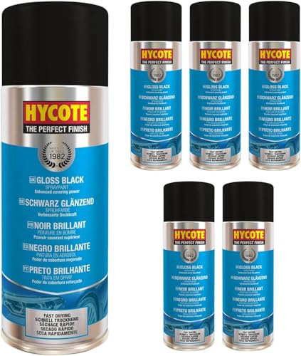 Hycote Sprühlack Schwarz Glänzend 400 ml (6er Pack) – Schnelltrocknender Acryl Autolack Spray mit hoher Deckkraft, für Metall, Kunststoff, Keramik und Holz