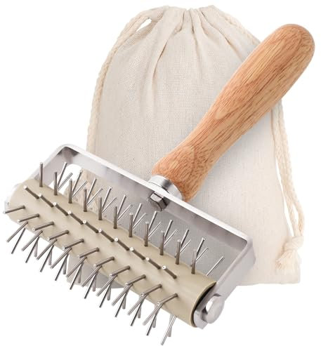 JuyVerq Pizza Dough Docker, Professional Dough Roller with Stainless Steel Spikes Wood Handle, Sturdy Pizza Docking Tool for Home & Commercial Kitchen, Time-Saver for Making Pizza Pie Pastry Bread