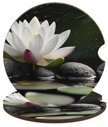 2 posavasos antideslizantes y absorbentes con flores y piedras Zen negras, accesorios universales para portavasos de coche con base de corcho de 2.6 pulgadas