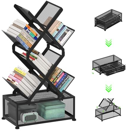 Gintan Bücherregal Baumform, Standregal 6 Ebenen, Eckregal platzsparend, DVD Regal, Desktop Aktenregal Aufbewahrungregal, Schlafzimmer, Wohnzimmer, Homeoffice und Desktop Heimbüro