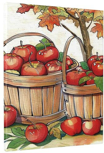 Autumn Harvest Canvas Wall Art, Rustic Red Fruits Basket Poster Prints, Vintage Wall Art Home Aesthetic Decor For Living Room, Kitchen, Dining Room, Unframed 16x20 Inch
