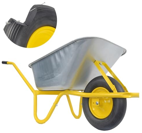 Matrix Schubkarre 100l Liter 250 kg pannensichers PU-Rad Schubkarren groß Garten Scheibtruhe Bauschubkarre | Mulde verzinkt | Metall Felge mit Kugellager | Farbe gelb