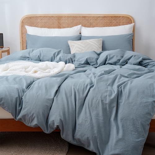 ATsense Bettwäsche 135x200 Baumwolle 2teilig, Stonewashed Bettwäsche-Sets Hellblau Ähnlich wie Leinen, Oeko-TEX, Hypoallergen und Atmungsaktiv, 1 Bettbezug und 1 Kissenbezug 80x80