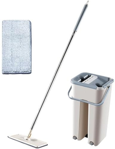 Buerfu Floor Mop and Bucket Set | Flat Mop with Wringer,Dry and Wet Separation Flat Mop and Bucket Set, No Touching Floor Cleaning Mop Set